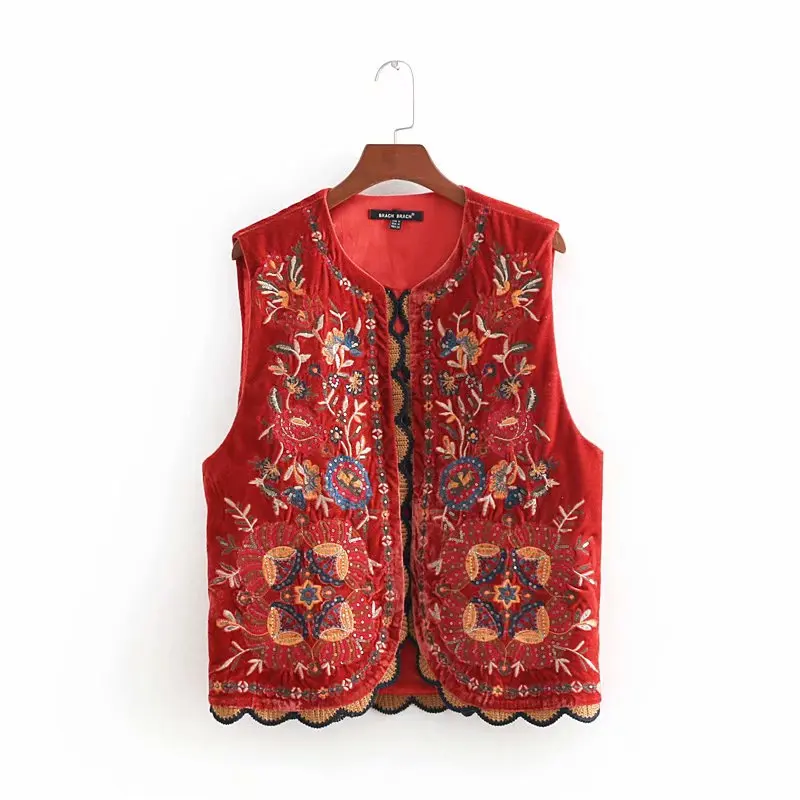 

Women Vintage sequins flower embroidery vest jacket ladies retro national style patchwork casual velvet waistCoat CT154