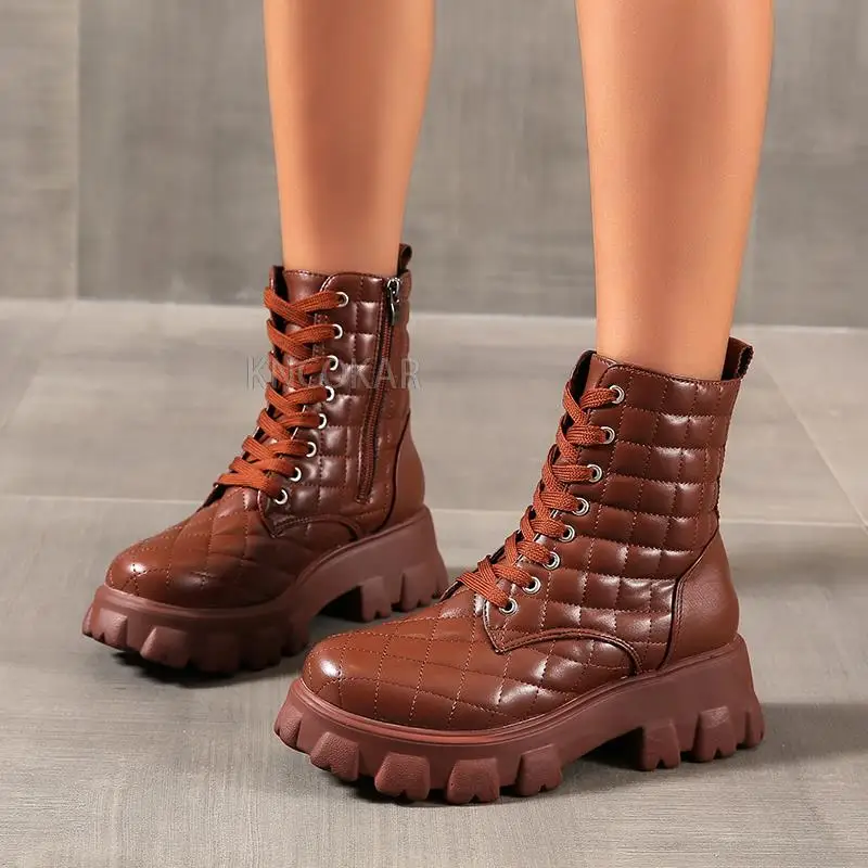 New Fashion Winter motorcycle Boots For Women Lace-up Mid-calf Boots Black White Winter Spring Pu Leather Hiking Shoes