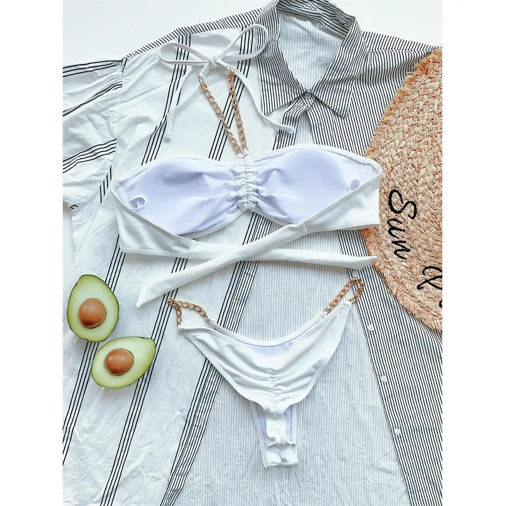 

Fashion Women Beachwear Hanging Neck Bra Sexy Two Pieces Bikini Swimsuit Set Hollow Out Conservative Beach Swimwear