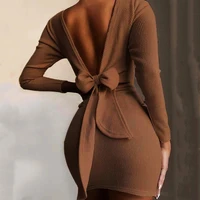 women open back knotted bodycon mini dress sexy long sleeve short dresses female 2021 summer spring low cut lady party vestidos