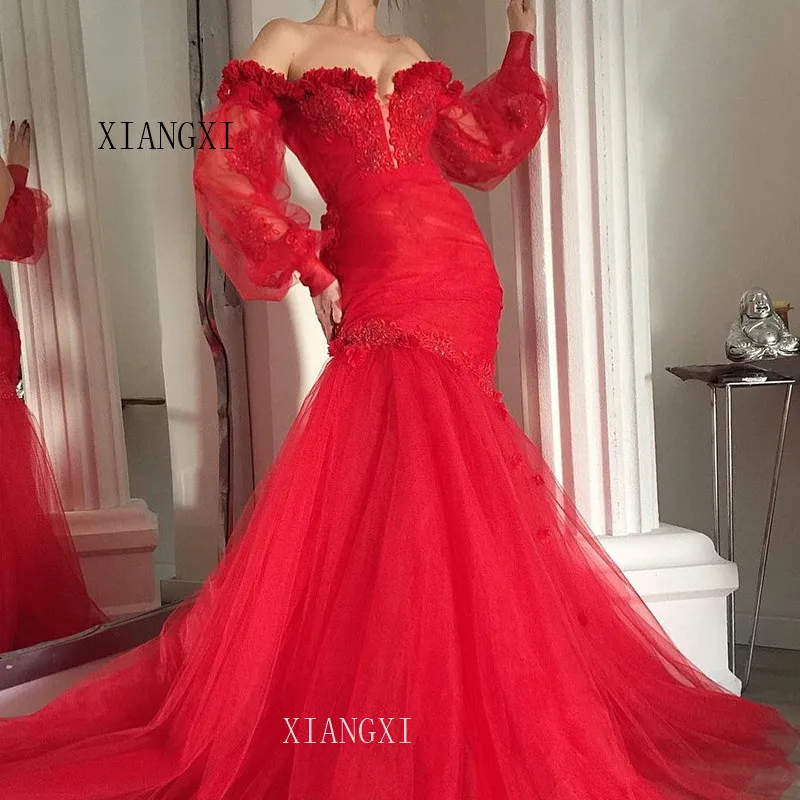 

Красные вечерние платья русалки с длинными рукавами и открытыми плечами, вечерние платья с объемным цветком, вечерние платья Vestidos