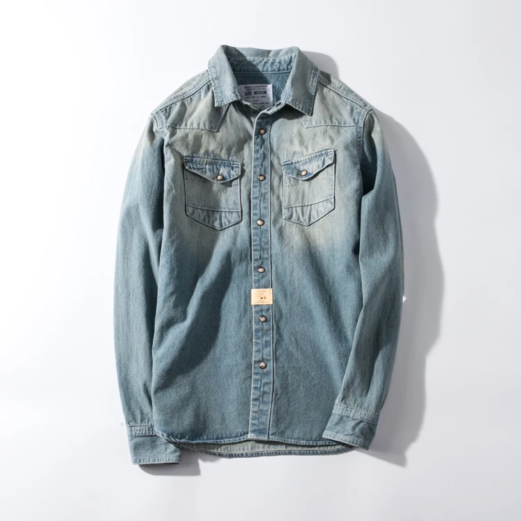 Рубашка мужская джинсовая однобортная свободного покроя модная винтажная