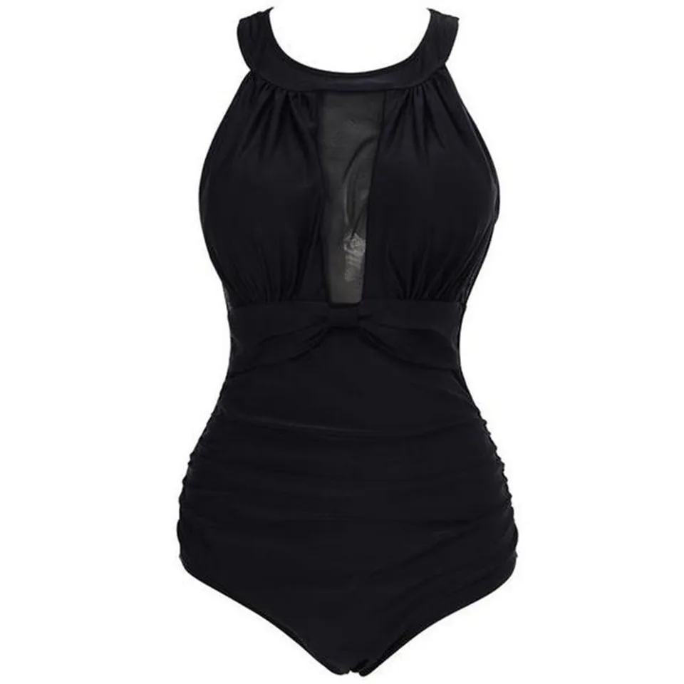 

Sexy Women Swimsuit One Piece High Neck One Piece Stitching Mesh Ruched 2020 Beach Bikini Swimwear