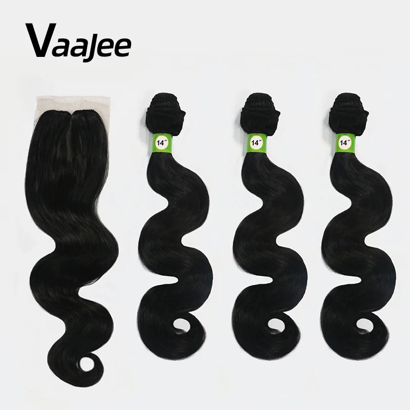 

VaaJee Synthetic Hair Weave with Lace Closure Black 14"16" 4pcs/lot Afro Kinky Body Wave Hair Bundles Hair Extension