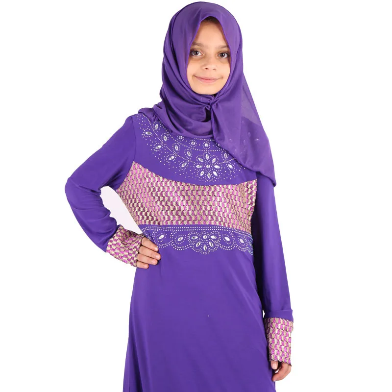 

Ramadan Muslim Girls Abaya Dress Kids Sequins Diamond Jilbab Robe with Hijab Islamic Clothing Moroccan Kaftan Children Dresses