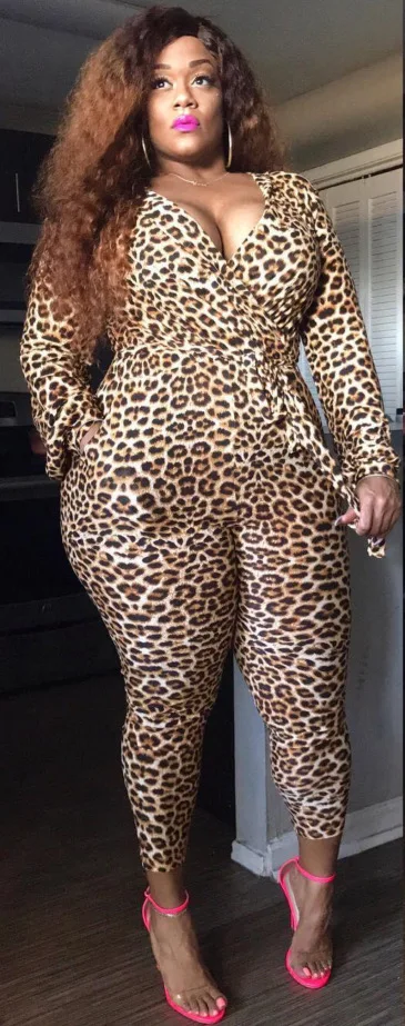 

Women Sexy Deep V-neck Nightclub Jumpsuits With Leopard Printing Plus Size Lady's Full Sleeve Lace-up Skinny Rompers 2020 Autumn