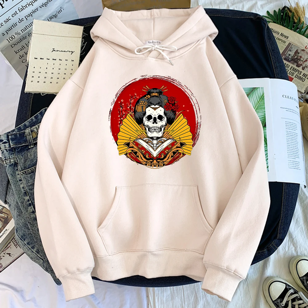 

Female Hoodie Japanese Woman With Skull Face Printing Sweatshirt Womens O-Neck Sports Oversize Sweater Autumn Fleece Female Tops