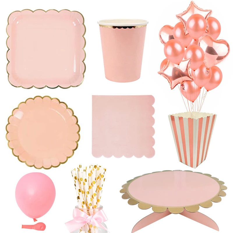 

Rose Gold Pink Paper Plate Cup Napkin Birthday Party cake stand Gold Foil tableware Baby Shower Wedding Decoration supplies