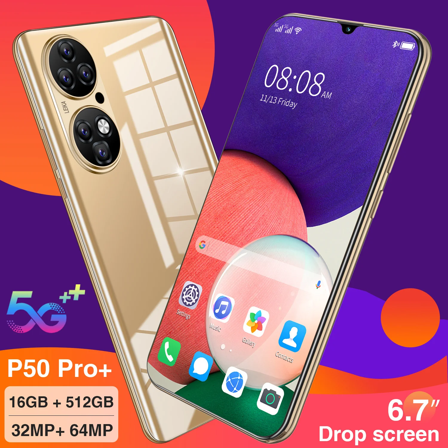 

Global Version P50 Pro+ 6.7-inch HD Camera Face Recognition Fingerprint Unlock Smartphone Android 11.0 Dual Card Dual Standby