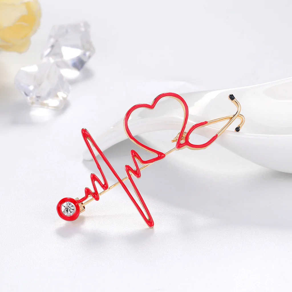 

VCVZ Enamel Red Heart Shape Brooches Enamel Electrocardiogram Stethoscope Hospital Doctor Nurse Brooch Pins Heartbeat Badge Gift