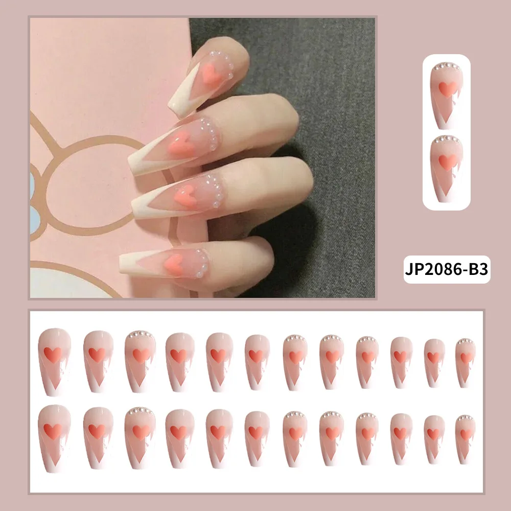 

24 шт. гробные накладные ногти с полным покрытием во французском стиле женские накладные ногти с розовым сердцем носимые Готовые Ногти с кле...