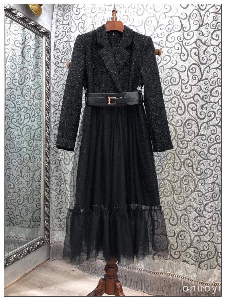 

Autumn Runway Women Black Tweed Long Suit Dress High Quality Elegant Notched Ruffle Mesh Patchwork Woolen Blazer Dress Vestidos