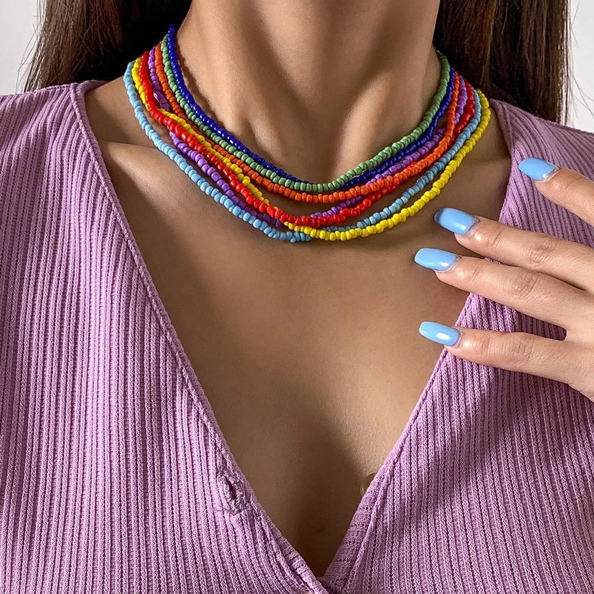 

New ins Color Hand-woven Rice Bead Necklace Personality Colorful Round Bead Chain Necklaces For Women Girls Fashion Jewelry
