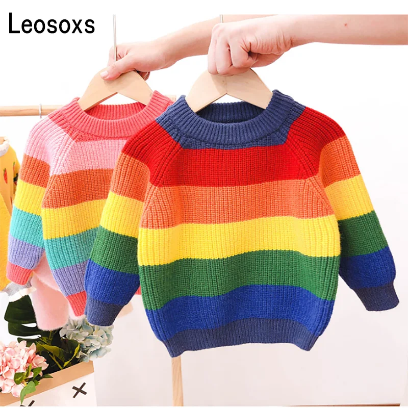 Детский свитер в радужную полоску вязаный для мальчиков и девочек теплая