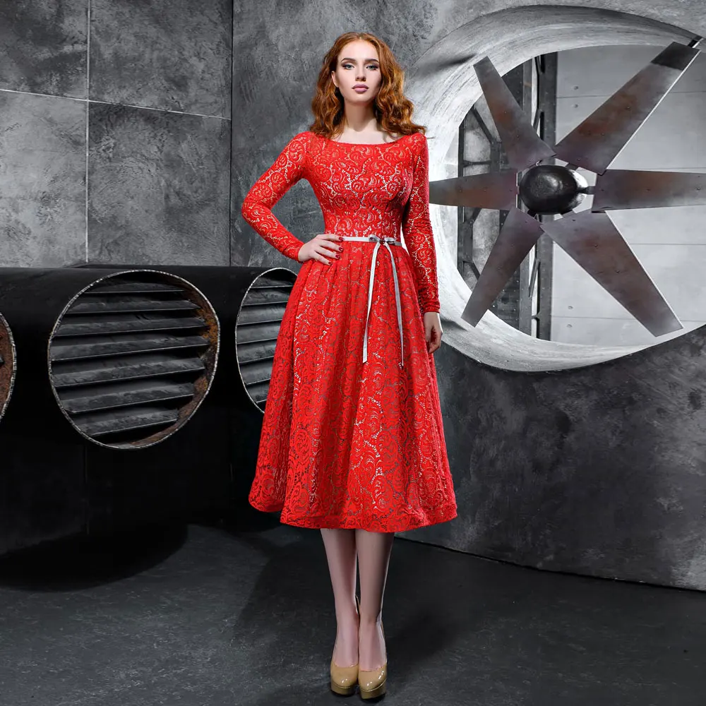 

Bows A-line Bateall/boat neck Tea length Lace Banbage long-sleeved Belt Open back Evening Dresses Red high quality