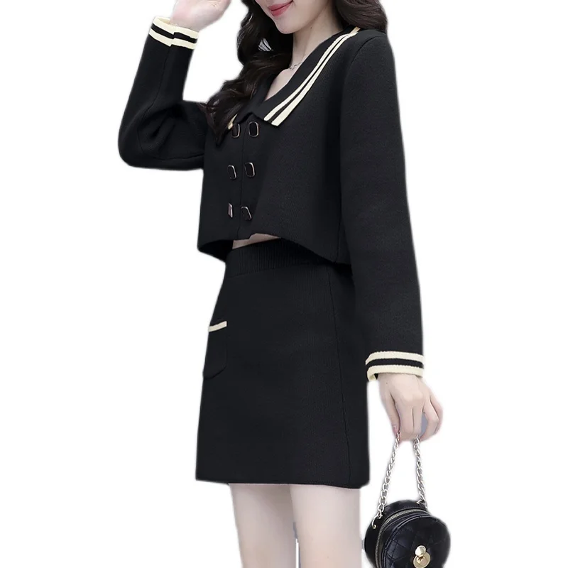 French Style Knitted Dress Suit Small Autumn and Winter Clothing New Waist-Tight Slimming Sweater Two-Piece Set | Женская одежда