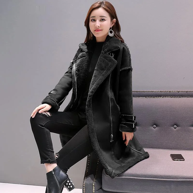 

Zoulv 2021 Female Autumn Winter Lambs Wool Long Motorcycle Coats Faux Leather Suede Coats Women Zipper Thick Suede Jackets