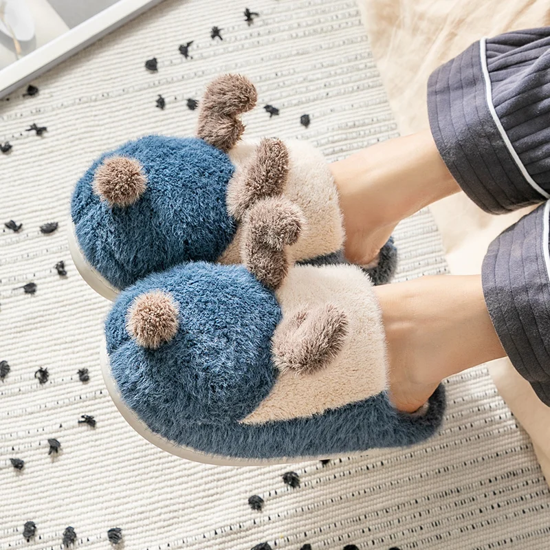 

Warm Slippers Women Cute Cartoon Slides Indoor Floor Flat Shoes Autumn Winter Men Warm Home Cotton Plush Lovely Animal Shoes