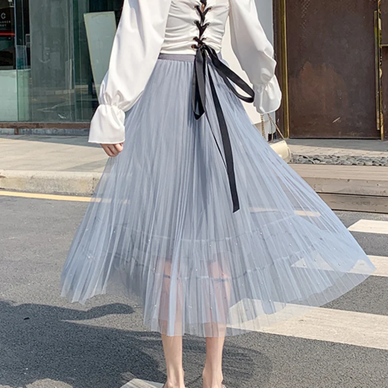 

Women Spring New Fashion High Waist Mesh A-Line Skirt Ladies Casual Solid Color Skirt Women's Clothing