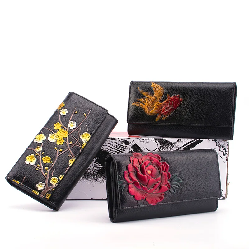 

Women's Leather Vintage Hand-painted National Style Retro Long Clutch Wallet Bifold Large Capacity Long Card Organizer Purse