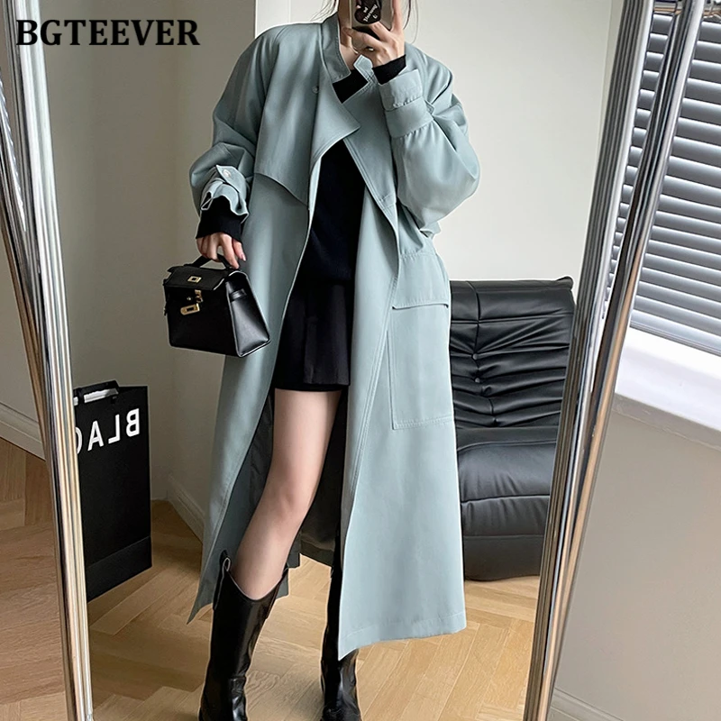 

Тренчкот BGTEEVER женский с воротником-стойкой, модный длинный свободный однотонный длинный тренчкот с длинным рукавом, на шнуровке, осень