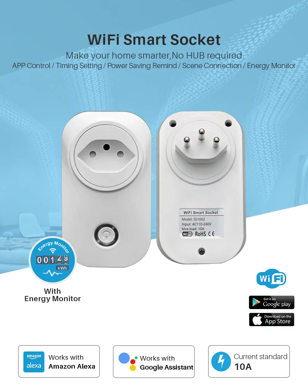 Умная розетка WiFi, бразильский стандарт, с монитором энергии, розетка с несколькими разъемами, управление с помощью приложения, работает с Alexa Google Assistant
