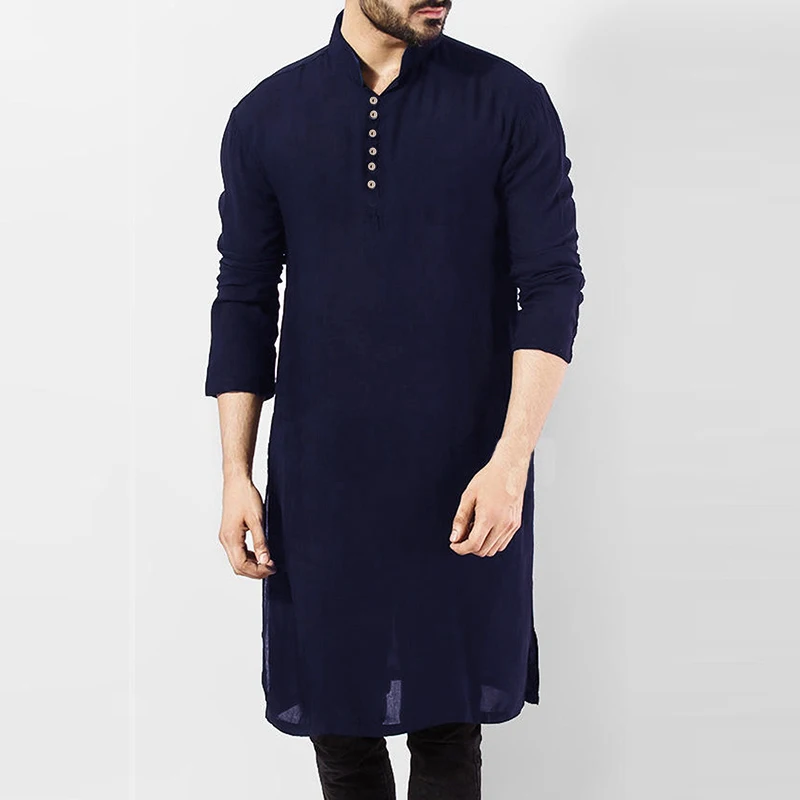 Рубашка мужская с длинным рукавом, мусульманская Повседневная хлопковая винтажная рубашка с воротником-стоечкой, индийская одежда, Пакист... от AliExpress WW