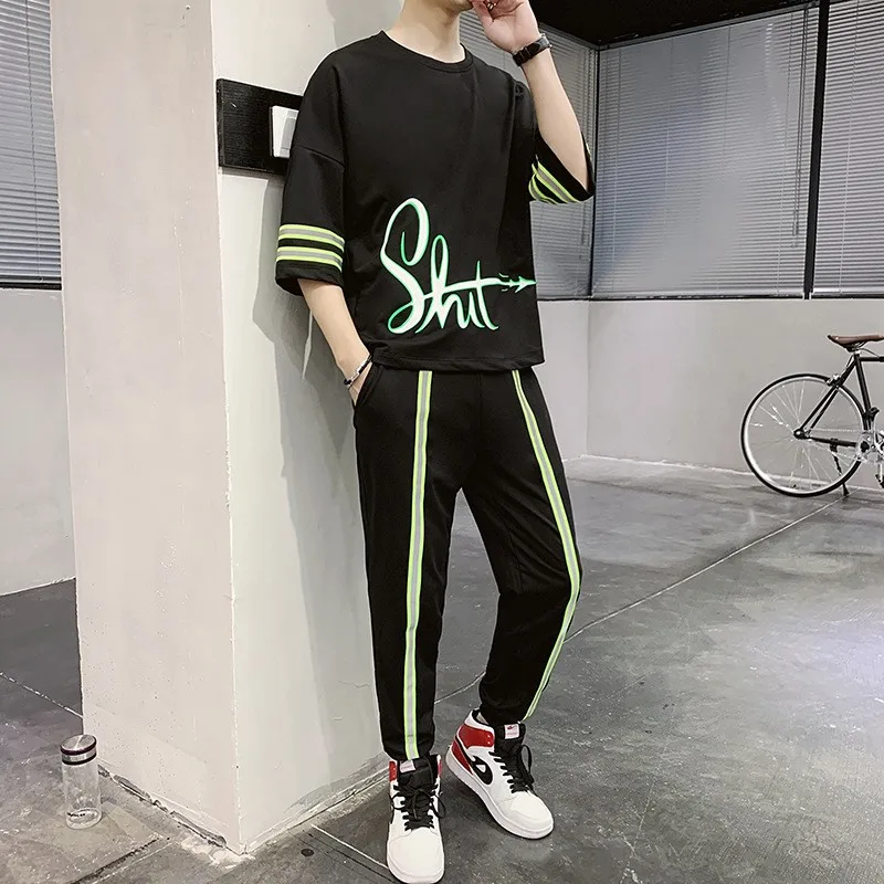 Мужской спортивный костюм на завязках свободная футболка со светоотражающими