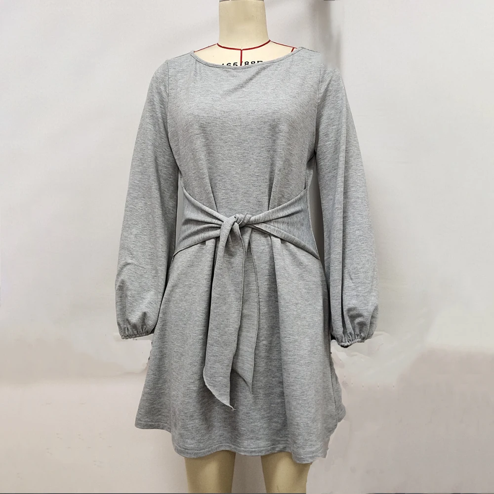 

2021 Spring and Autumn Long Lantern Sleeve Fashion Solid Color Slim Slim High Waist Casual Loose Dress