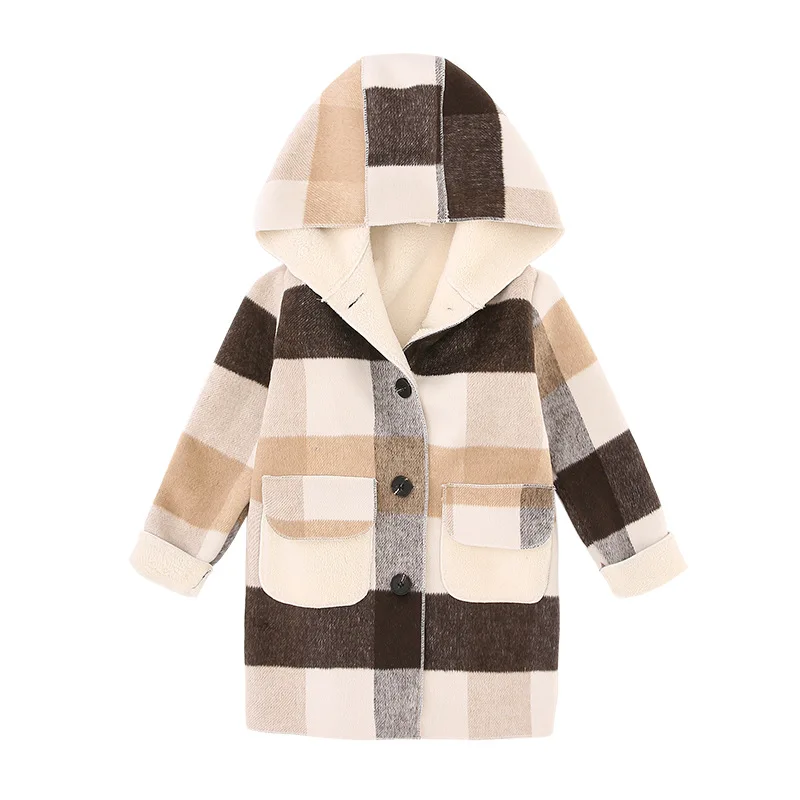 

Girl plus plaid coat Girl autumn and winter windproof warm coat Girl woolen plaid trench coat Girl hooded woolen coat