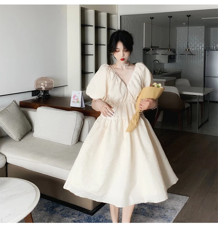 

French Retro Jacquard Dress Women Puff Sleeve V Neck Beige Party Dresses Short Sleeve Summer Long Style Dresses Vestido