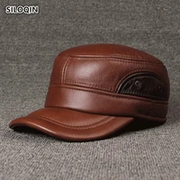 siloqin mens flat cap genuine leather hat autumn winter fashion cowhide brand military hat leisure earmuffs adjustable bone cap