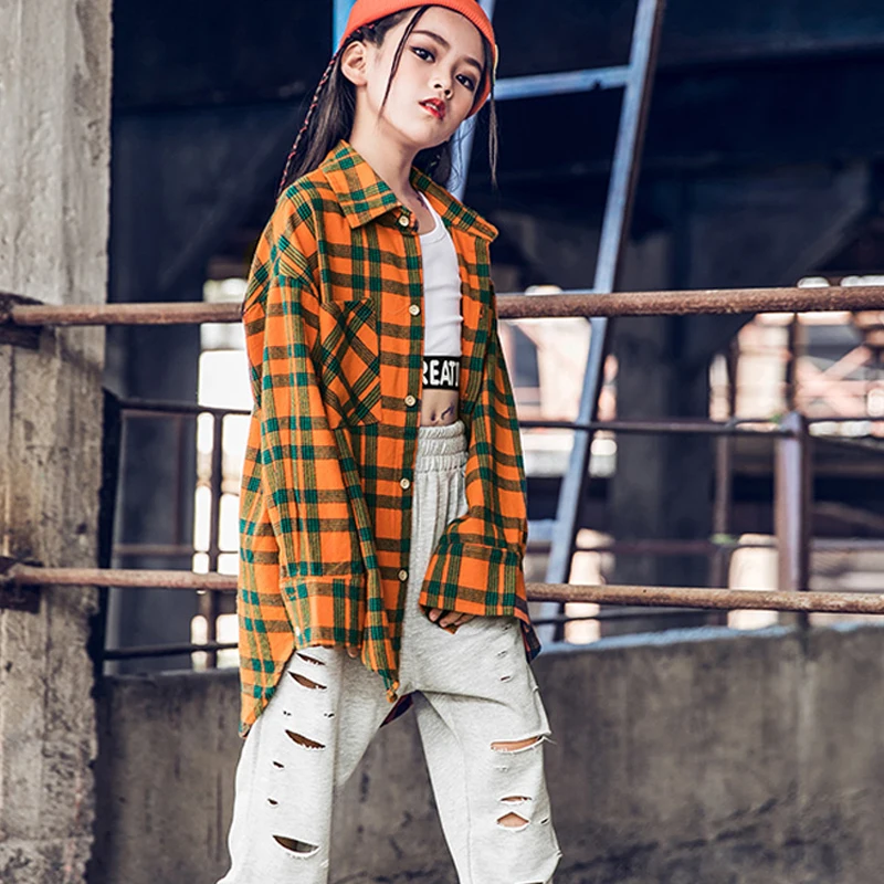 Детский костюм для уличных танцев клетчатая рубашка в стиле хип-хоп с длинными