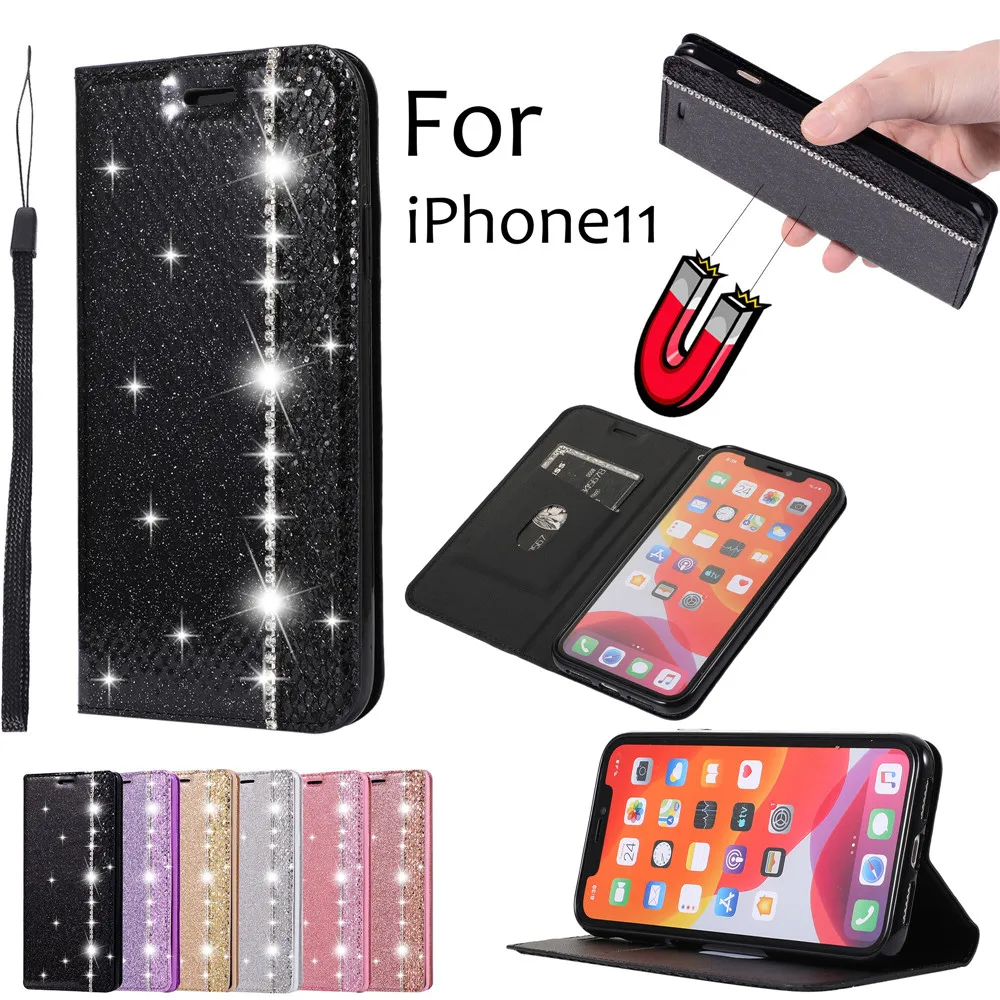 Чехол-бумажник из искусственной кожи со стразами для iPhone 5 5S 5E 6 6S 7 8 Plus X 11 Pro XS Max XR