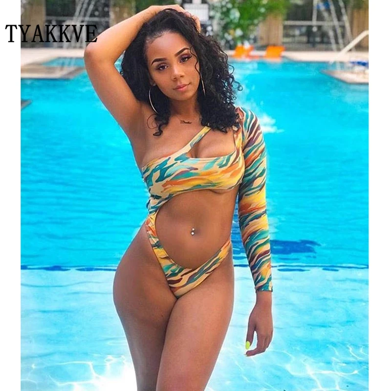

New 2020 Sexy Long Sleeve Bikinis Women Swimsuit Yellow stripe Print Bathing Suits Beachwear fashion Brazilian Set Biquini S-XL