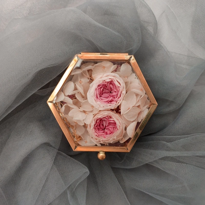 

Hexagon Transparent Rose Gold Glass Ring Box Wedding Geometric Jewelry Organizer