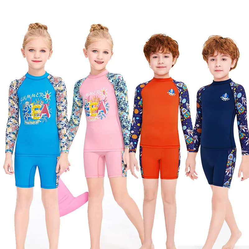 Boys/Girls Long Sleeve Rash Guard Swimsuit, UV/SPF Water Beach Surf Swim Shirt and Shorts UPF50+ Sunscreen Swimwear Bathing Suit