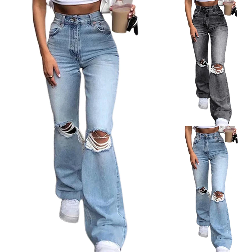 

Ladies Occident Fashion Hole High Waist Tight Wide Leg Pants Jeans Ripped Edge High Waist Slim Straight Trousers Light Blue New