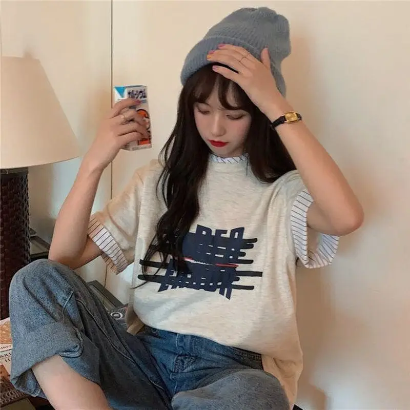 

T-shirt for Women Summer new Student fake two-piece T-shirts Harajuku Style Korean Fashion Printing Oversize Woman Clothes
