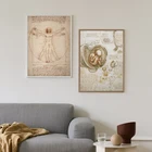 Плакаты с изображением витрувианского человека Леонардо рукопись да Винчи, ностальгическая карта имолы, винтажная Наклейка на стену, декоративная живопись