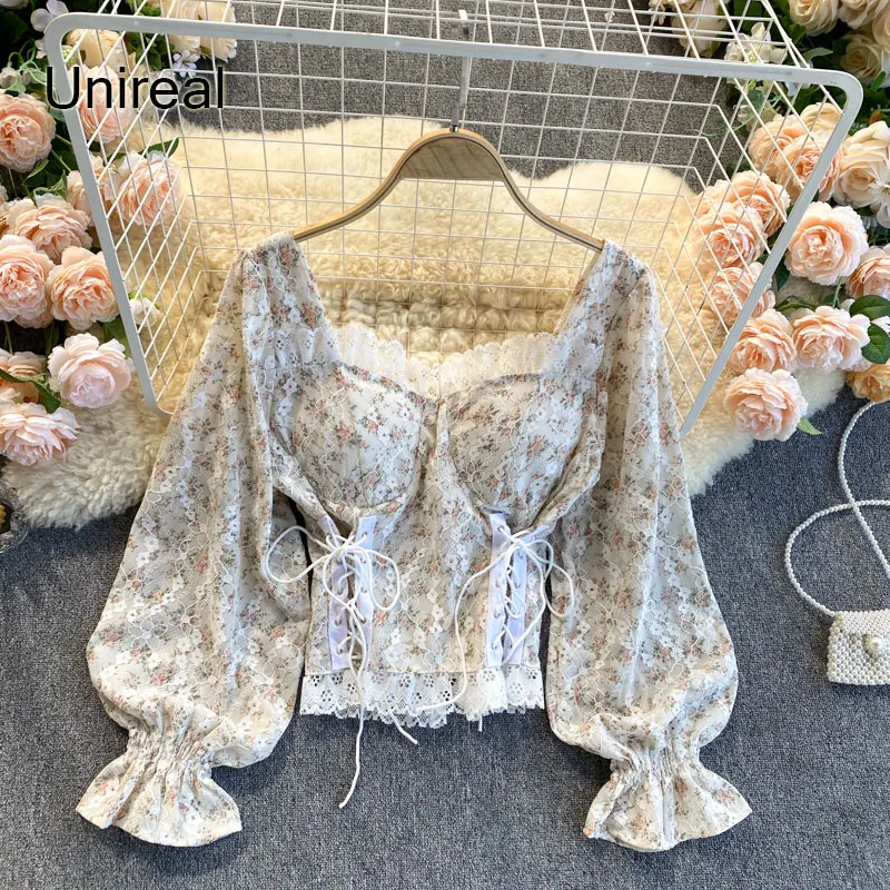 

Unireal 2021 Summer Vintage Women Floral Blouse Tops Long Sleeve Cute Lace Up Print White Lace Crochet Blouse Shirt