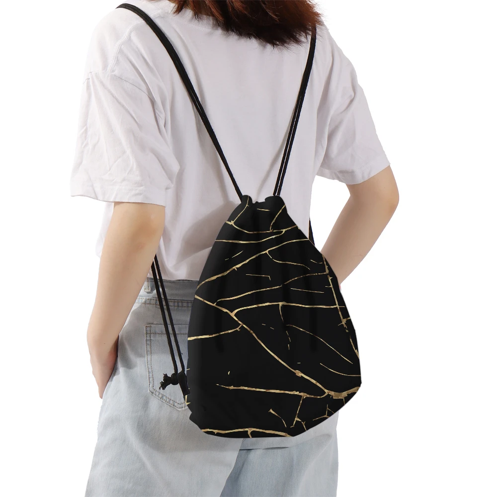 

Deanfun Fashion Drawstring Bag Black Gold Marble Printed Softback Women Casual Storage Backpack 60442