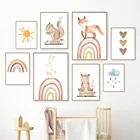 Картина на холсте в стиле бохо, сердце, Радужные облака, солнце, лиса, кролик, медведь, скандинавские постеры и принты, декор, фотографии, детская комната