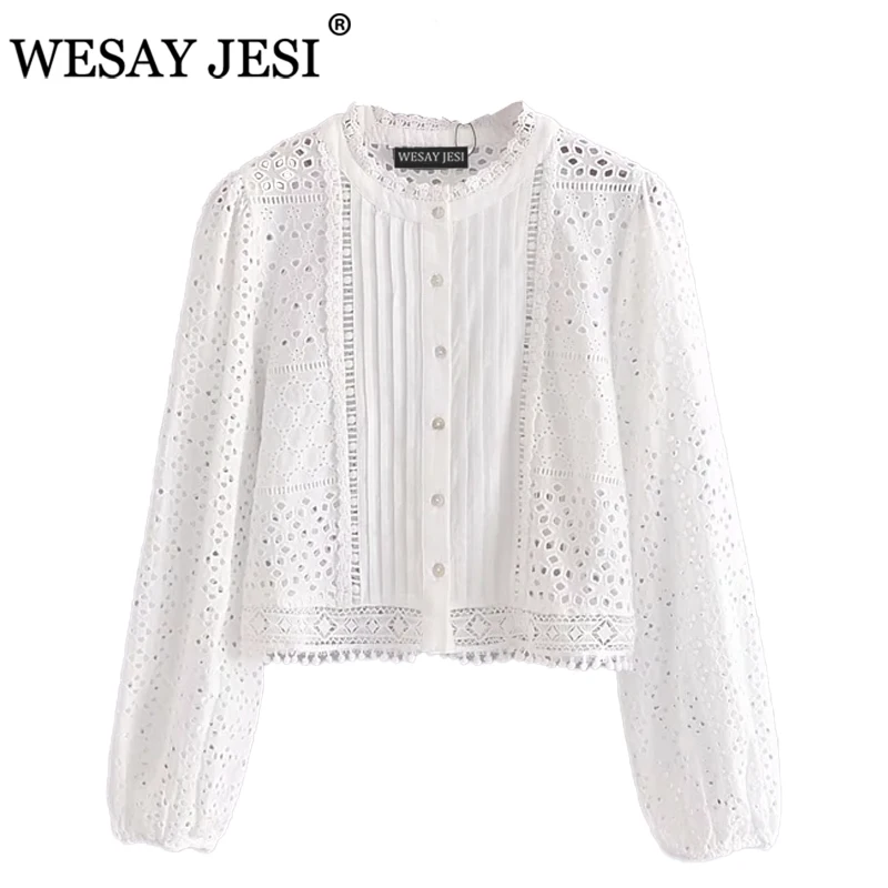 

WESAY JESI Women Blouses TRAF ZA Summer Sweet Tops Shirts 2021 Smock Long Sleeve Hollow Out Female Elegant Casual Street Blouses