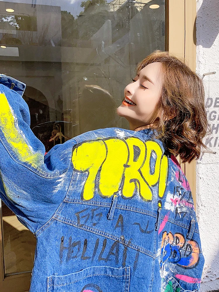 

Thailand tide brand 2020 autumn new graffiti letters chic denim jacket women loose large size jacket short jacket