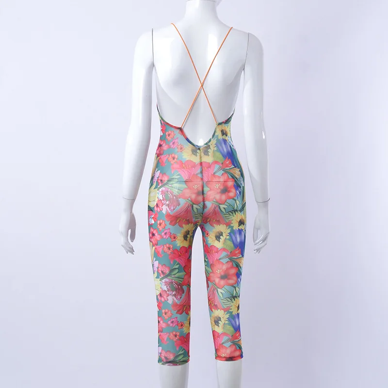 

ZKYZWX Sexy Floral Print Mesh Sheer Bodycon Playsuit Club Outfits for Women Summer Clothes Backless Strap Short Rompers Jumpsuit