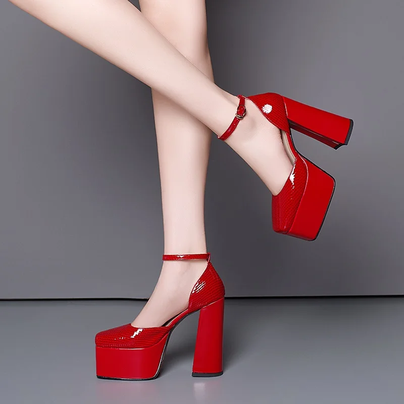 

American European sandals woman super high heels square toe buckle platform gladiator sandals female pumps wedding party shoes