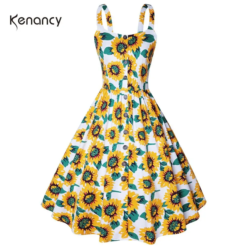 Женское платье без рукавов Kenancy винтажное с принтом подсолнуха повседневное