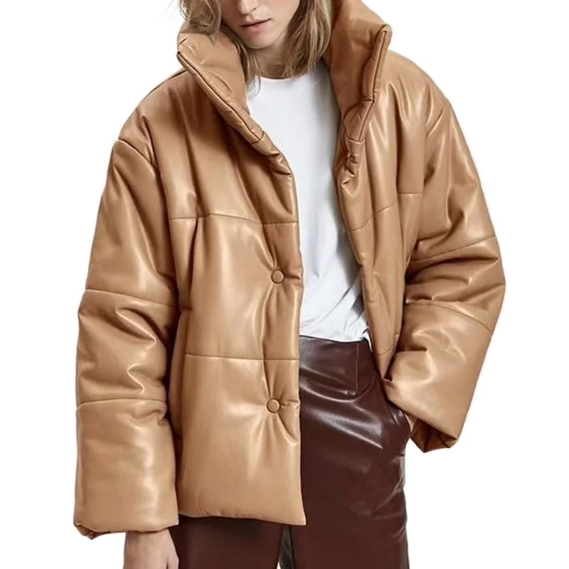 

2022 Women Fashion Thick Warm Parkas Faux Leather Padded Jacket Coat Vintage Long Sleeve Pockets Female Outerwear Chic Tops