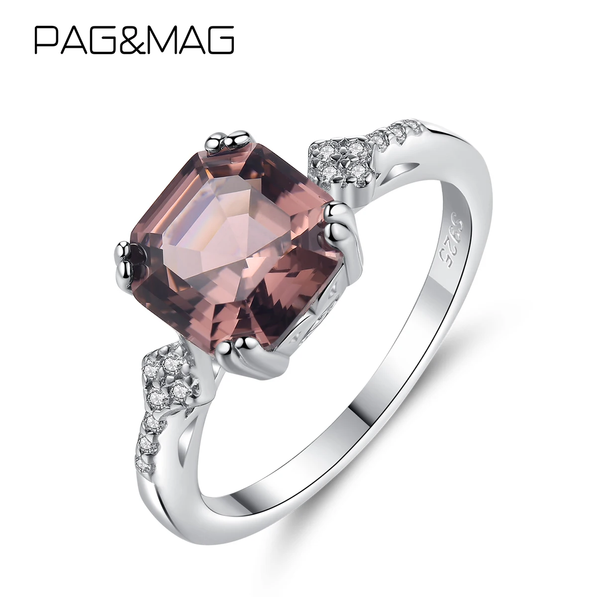 

PAG&MAG Elegant Morganite Square Stone Ring Sterling Silver 925 Ring For Women Promise Bridal Wedding Bridel Jewelry SR0075